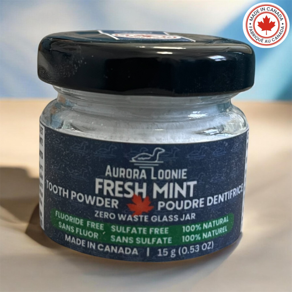 fresh mint fluoride free tooth powder 15 g front with background, made in canada