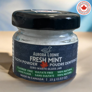 fresh mint fluoride free tooth powder 15 g front with background, made in canada
