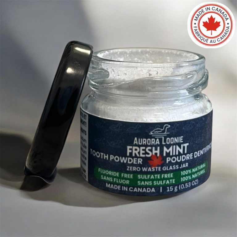 fresh mint fluoride free tooth powder 15 g front cap opened | made in canada