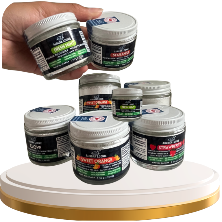 aurora loonie natural tooth powders, Made in Canada powdered toothpaste