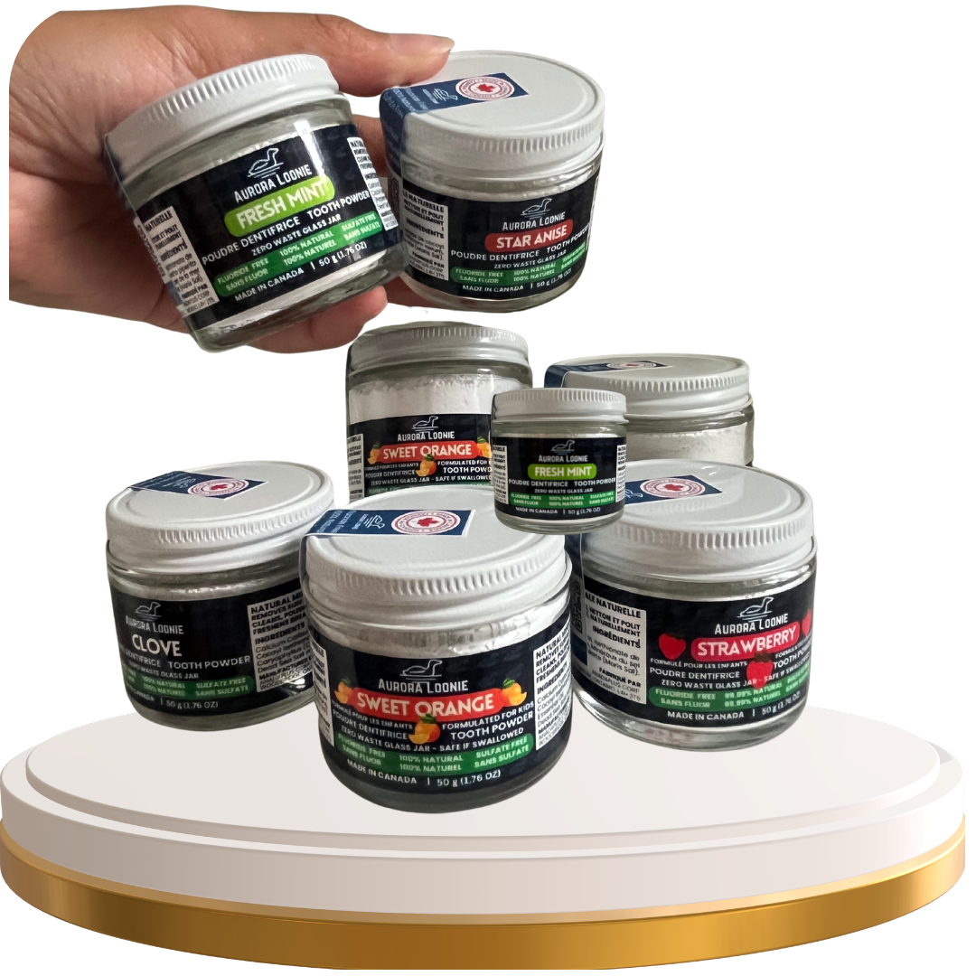 aurora loonie natural tooth powders, Made in Canada powdered toothpaste