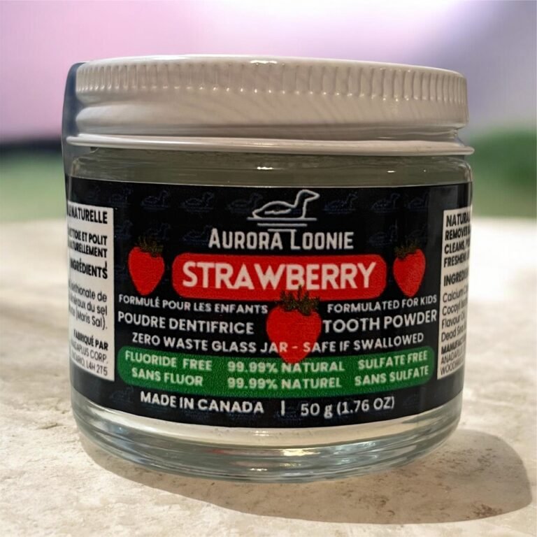 Strawberry Formulated for Kids Fluoride-Free Natural Mineral Tooth Powder 50g front, Made in Canada.JPG