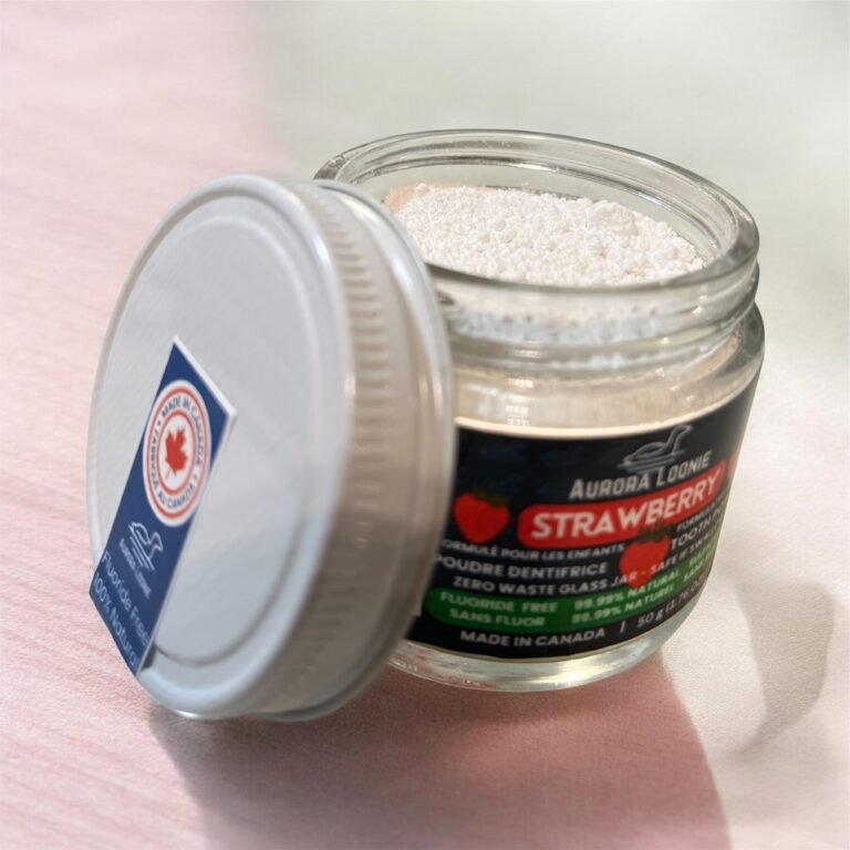 Strawberry Formulated for Kids Fluoride-Free Natural Mineral Tooth Powder 50g opened, Made in Canada.JPG