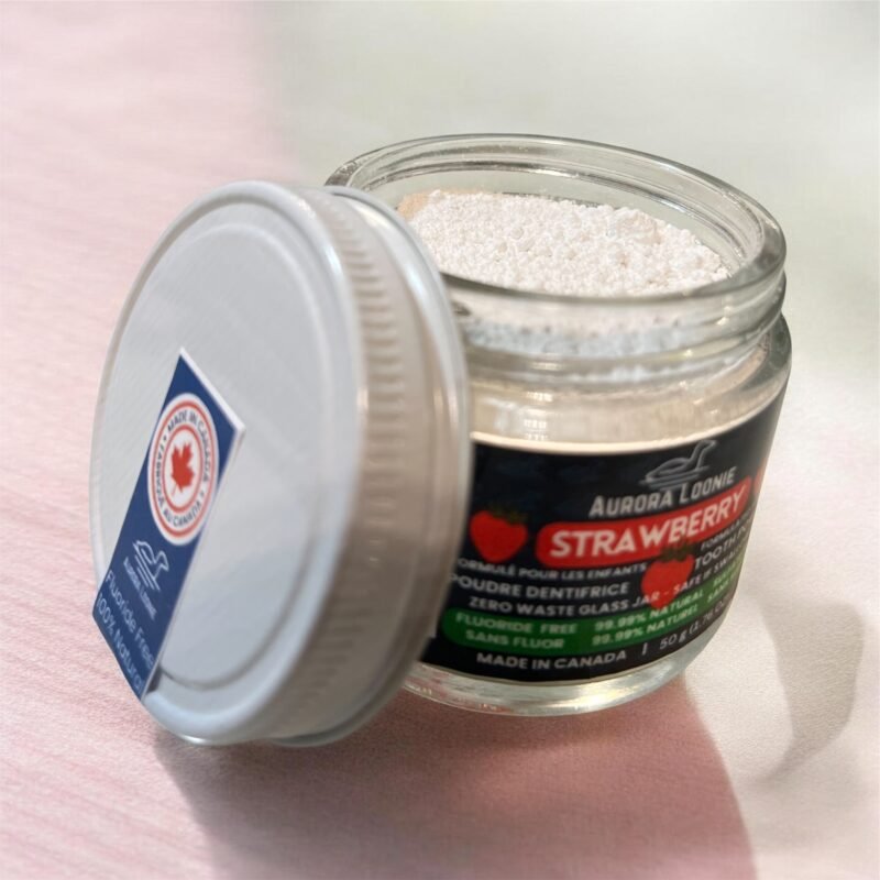 Strawberry Formulated for Kids Fluoride-Free Natural Mineral Tooth Powder 50g opened, Made in Canada.JPG