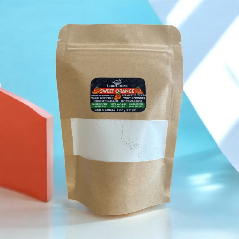 sweet orange fluoride free toothpaste powder refill bag | natural mineral tooth powder aurora loonie | made in canada